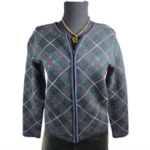 Talbots Petites Zip- Up Plaid Knit Cardigan Sweater- Made in Italy Size S